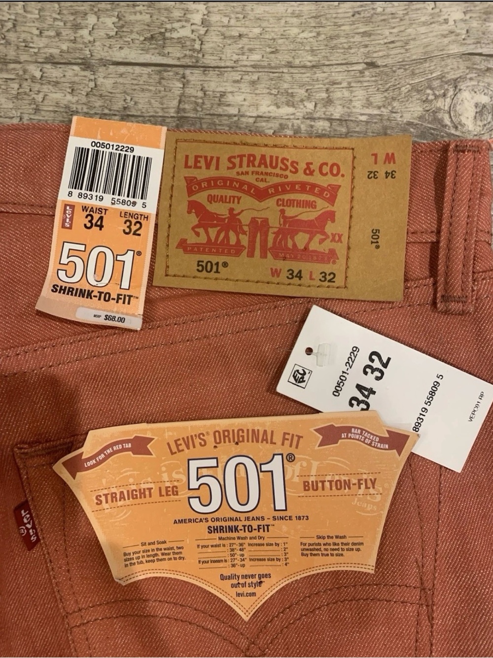 Levi’s 501 shrink to fit 34 x 32 terra-cotta color
